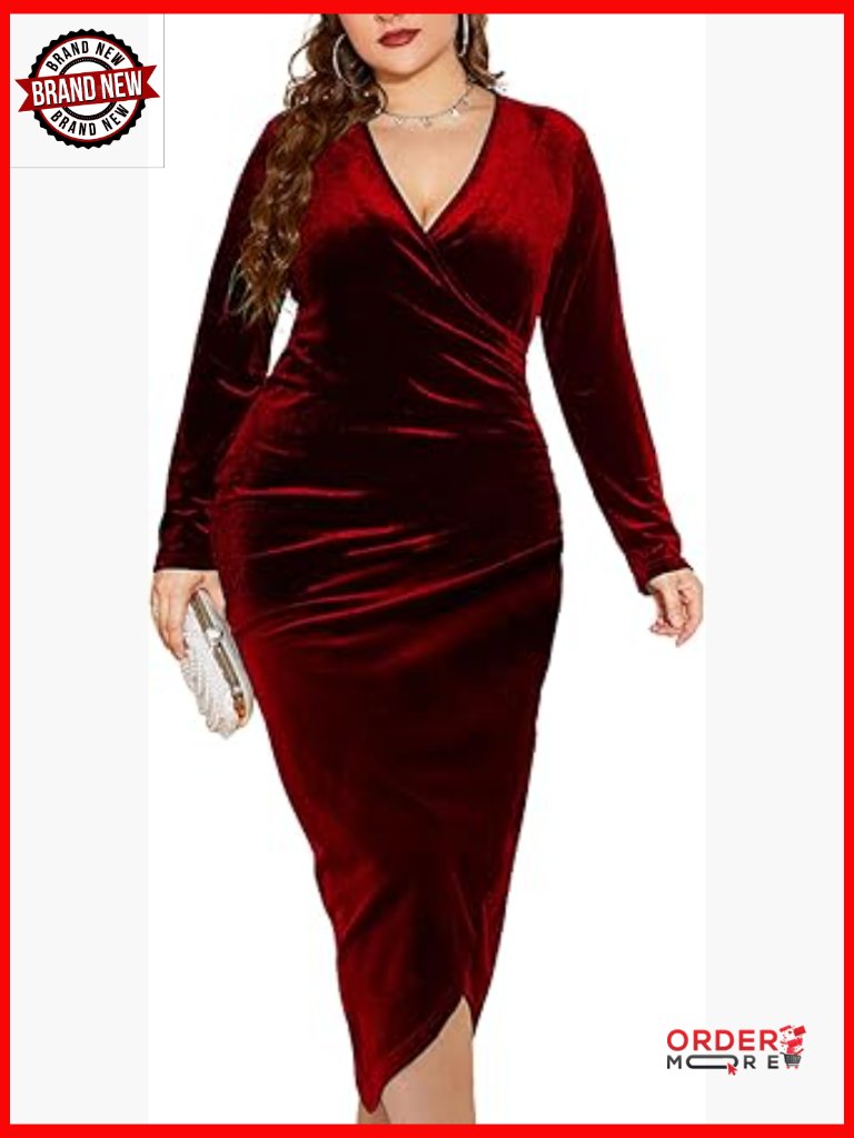 Plus Size Velvet Bodycon Dress Long Sleeve Ruched Wrap Deep V Neck Party